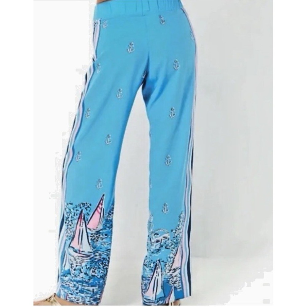 Lilly Pulitzer Size XL Bal Harbour Palazzo Pants Lunar Blue A Lil Nauti Engineer - Picture 2 of 13